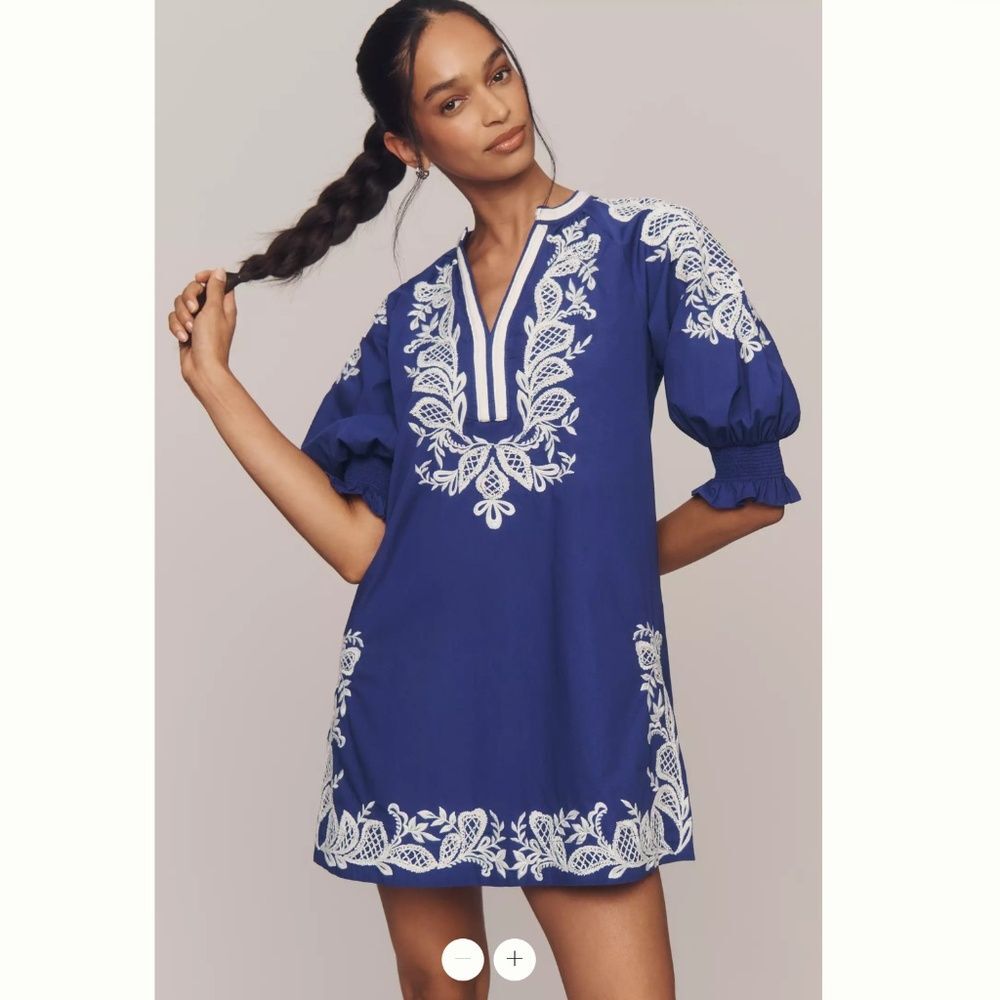 Maeve Royal Blue Mini Dress with White Embroidery